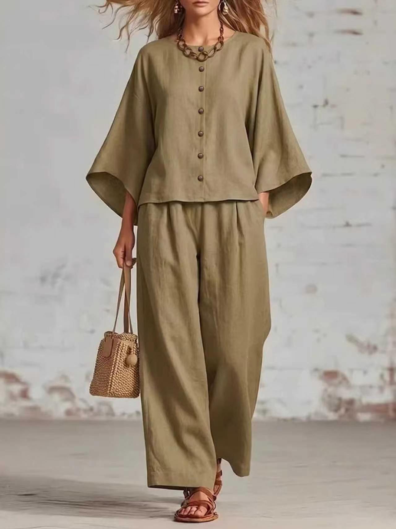 Women's Casual Button Front Two-Piece Lounge Set – Loose Fit Batwing Sleeve Top & Wide Leg Pants