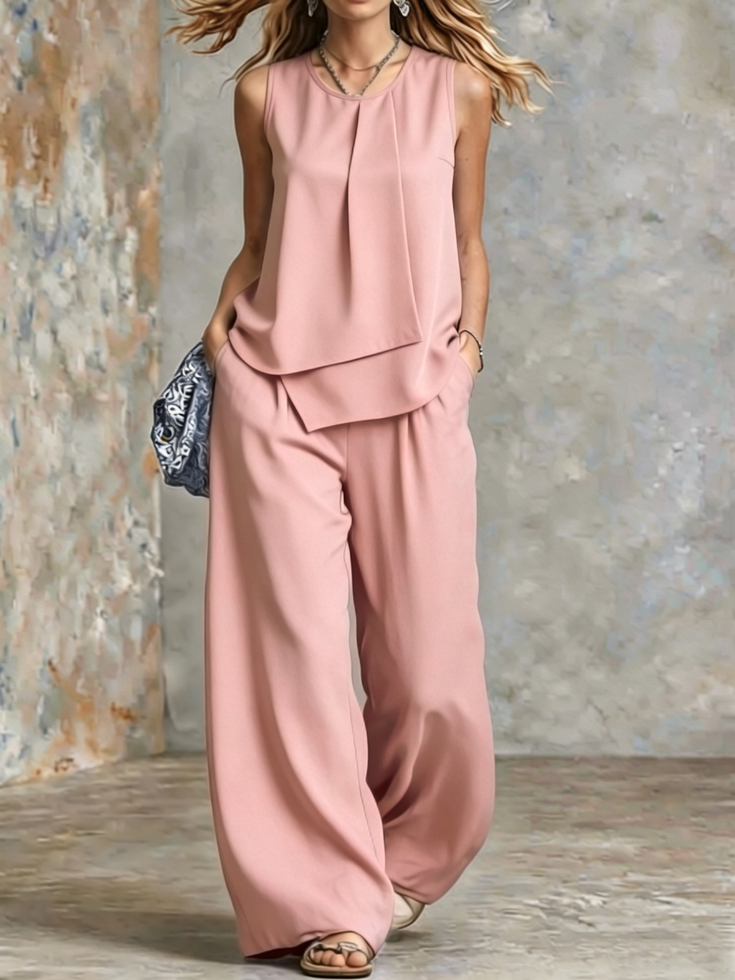 Women's Sleeveless Layered Top & Wide-Leg Pants Set – Chic Summer Lounge & Casual Outfit