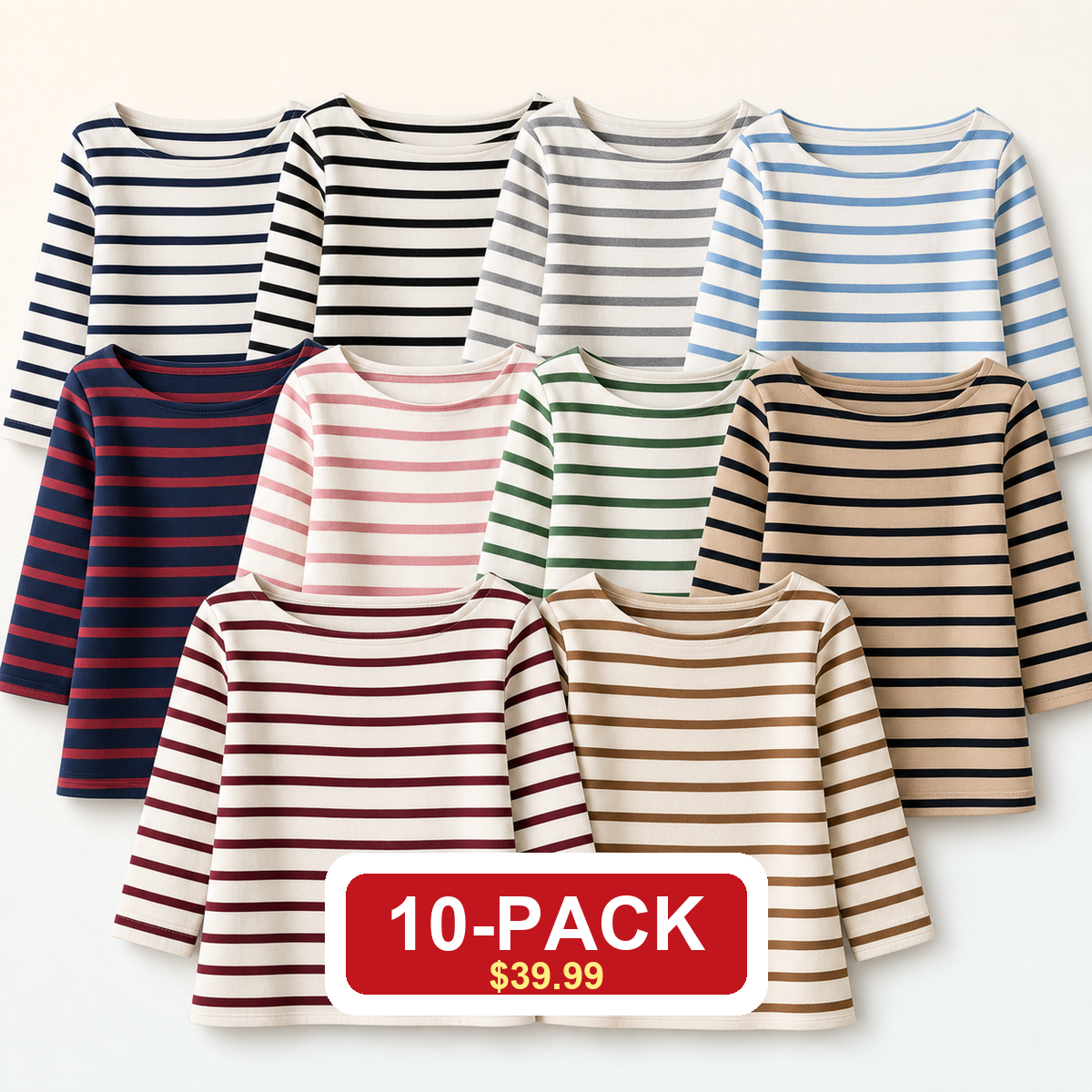 Women's Striped Boatneck 3/4 Sleeve Tops