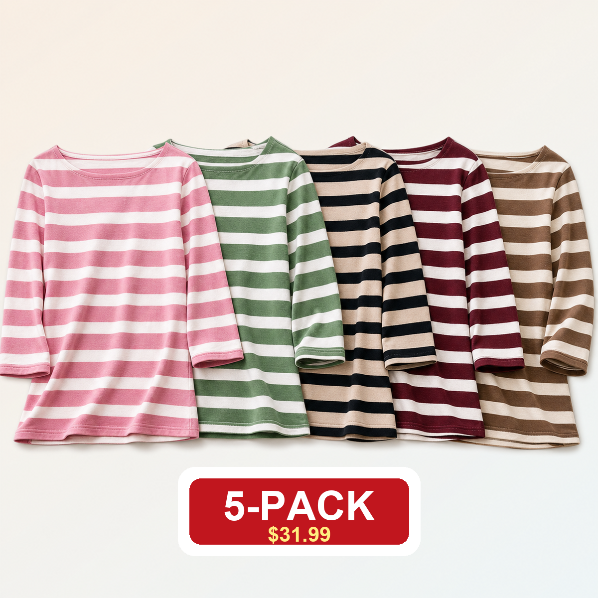 Women's Striped Boatneck 3/4 Sleeve Tops
