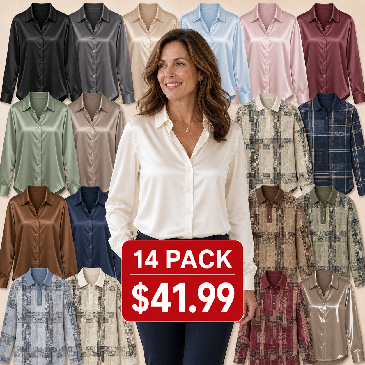 14-Pack - All 14 Colors - Women's Satin-Like Long Sleeve Button Blouses