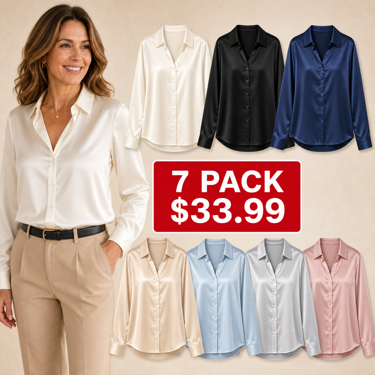 Classic 7-Pack - Women's Satin-Like Long Sleeve Button Blouses