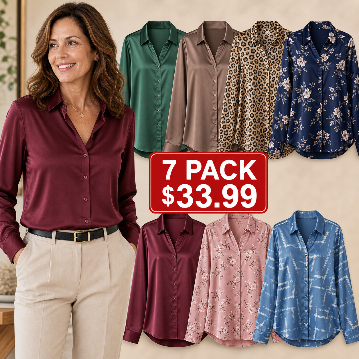 Statement 7-Pack - Women's Satin-Like Long Sleeve Button Blouses