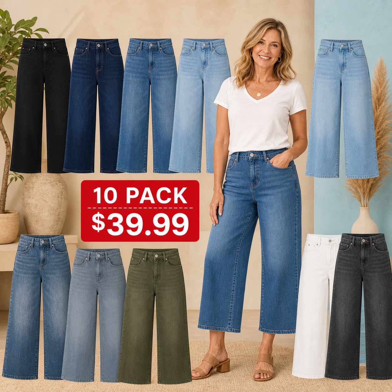 Women's High-Waisted Cropped Wide-Leg Stretch Jeans