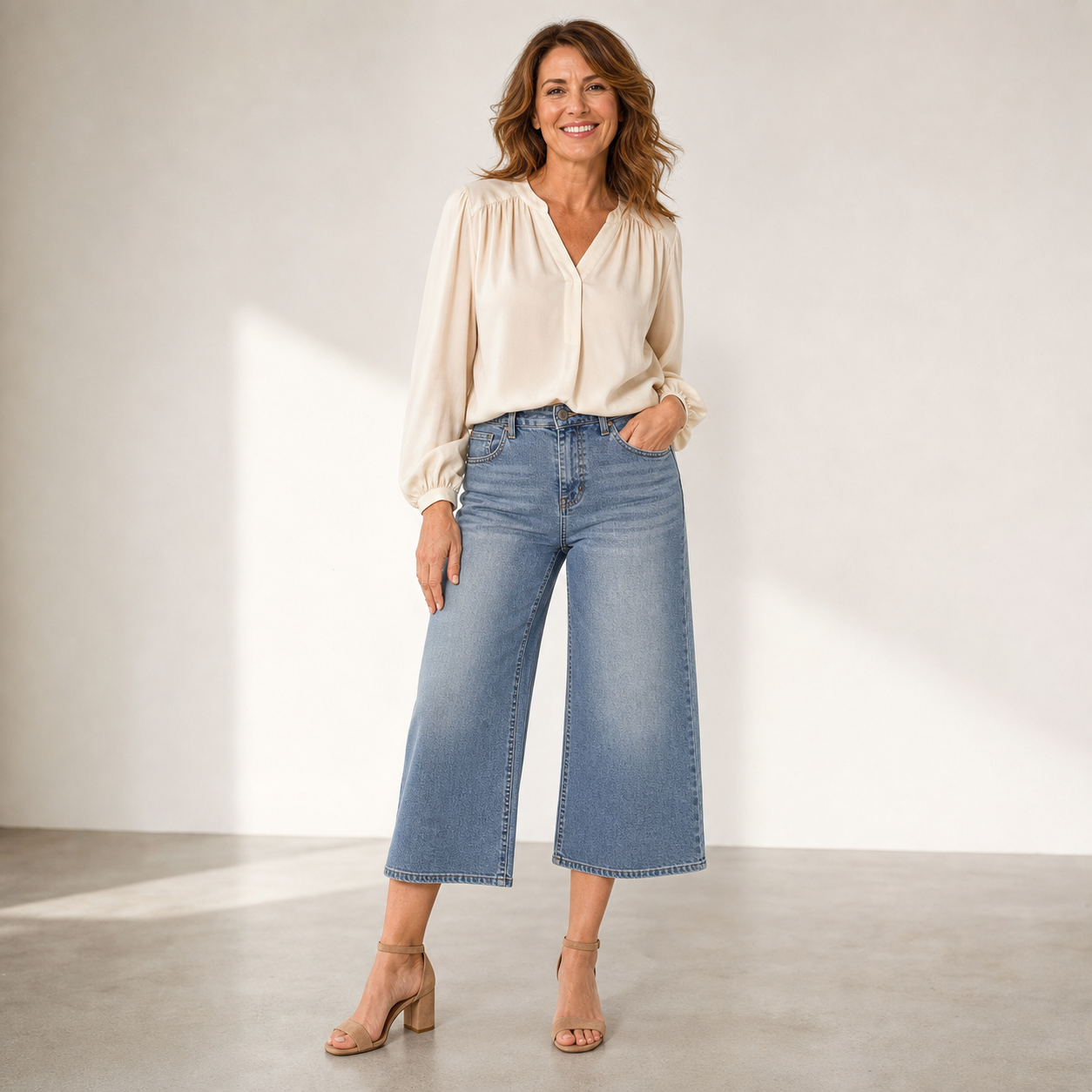 Women's High-Waisted Cropped Wide-Leg Stretch Jeans