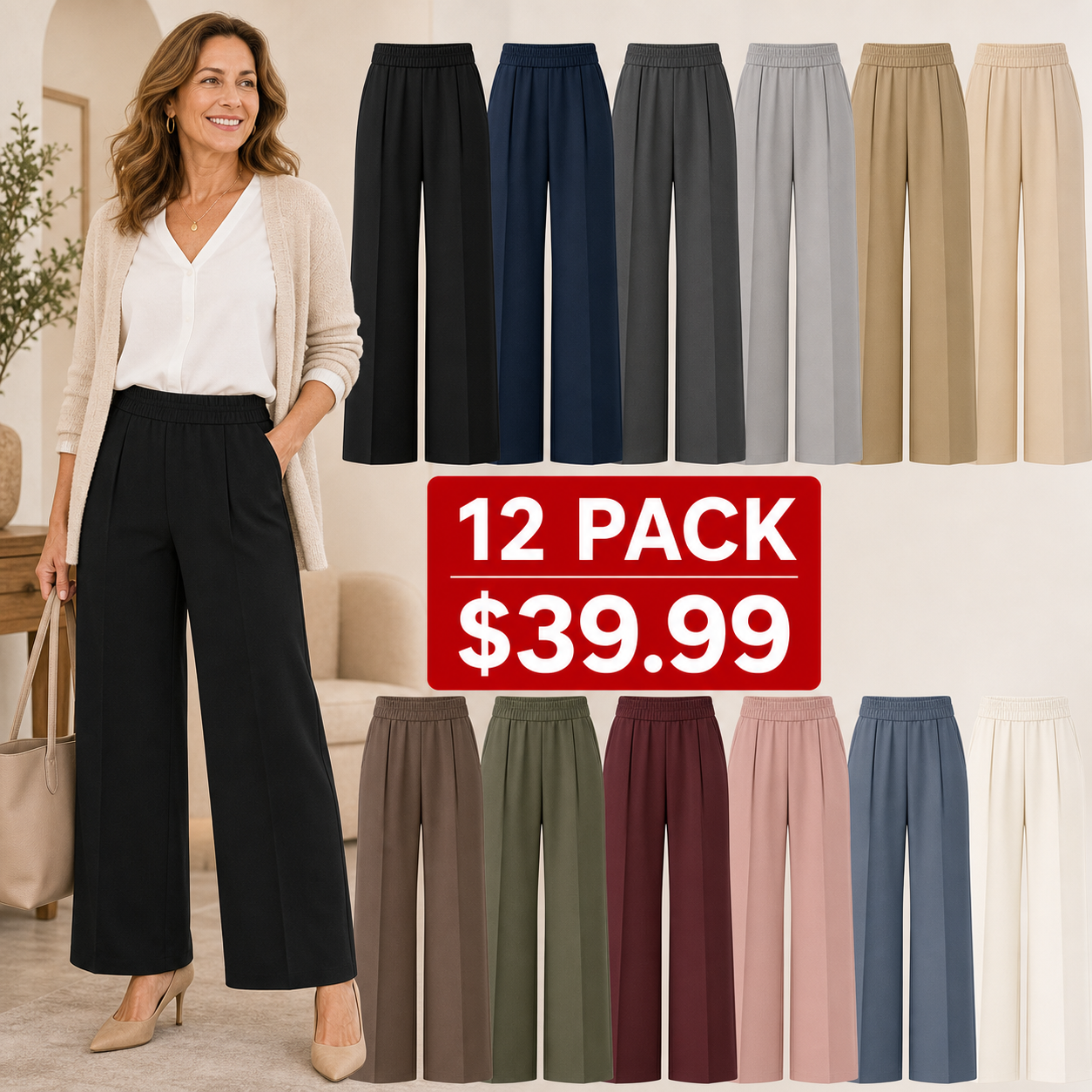 Pull-On Wide-Leg Stretch Dress Pants for Women