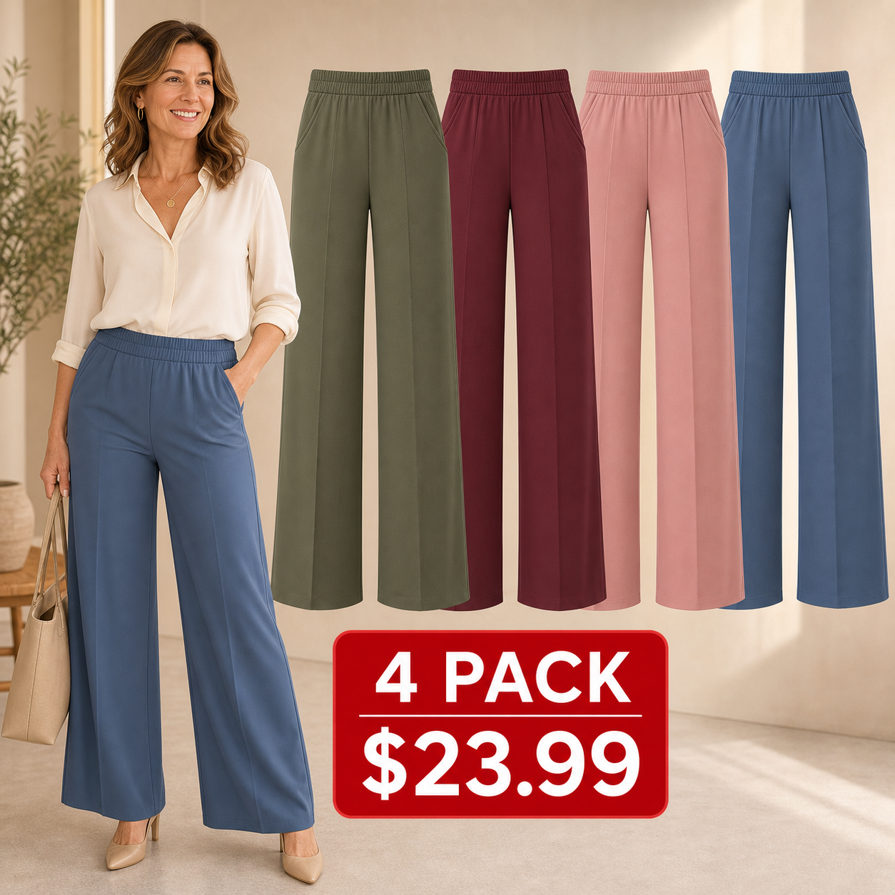 Pull-On Wide-Leg Stretch Dress Pants for Women