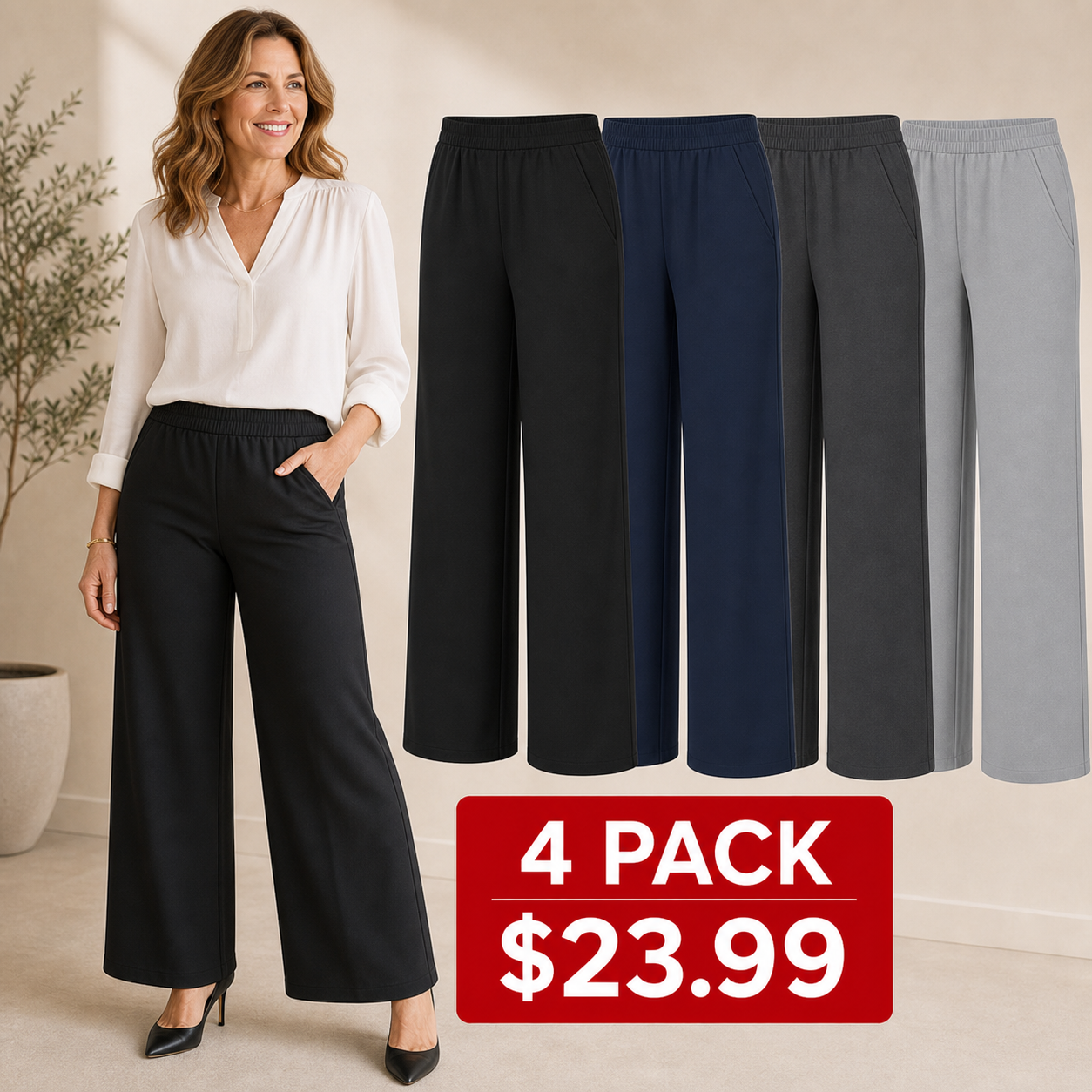 Pull-On Wide-Leg Stretch Dress Pants for Women