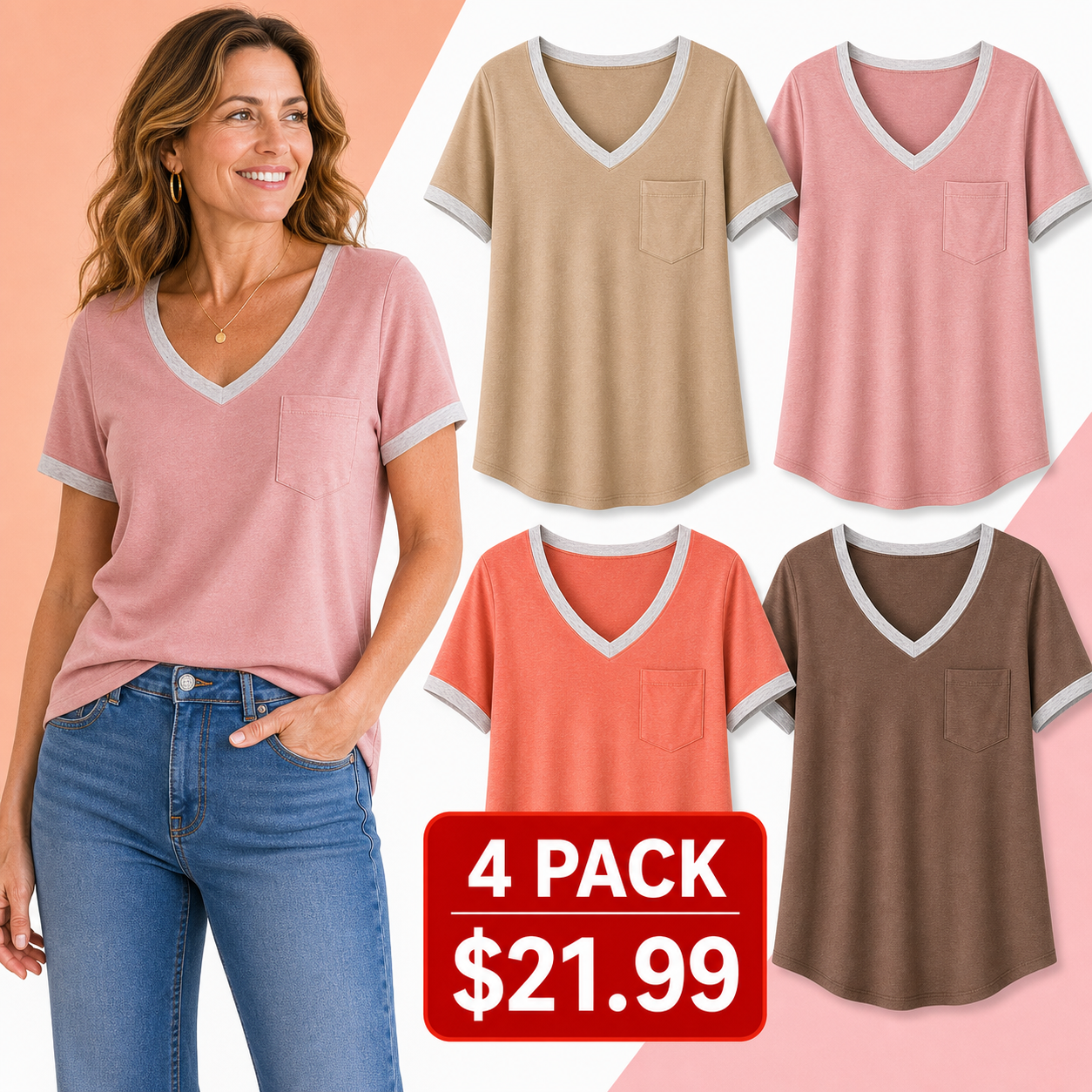 Soft 4-Pack - Women's V-Neck Pocket Contrast Trim T-Shirts