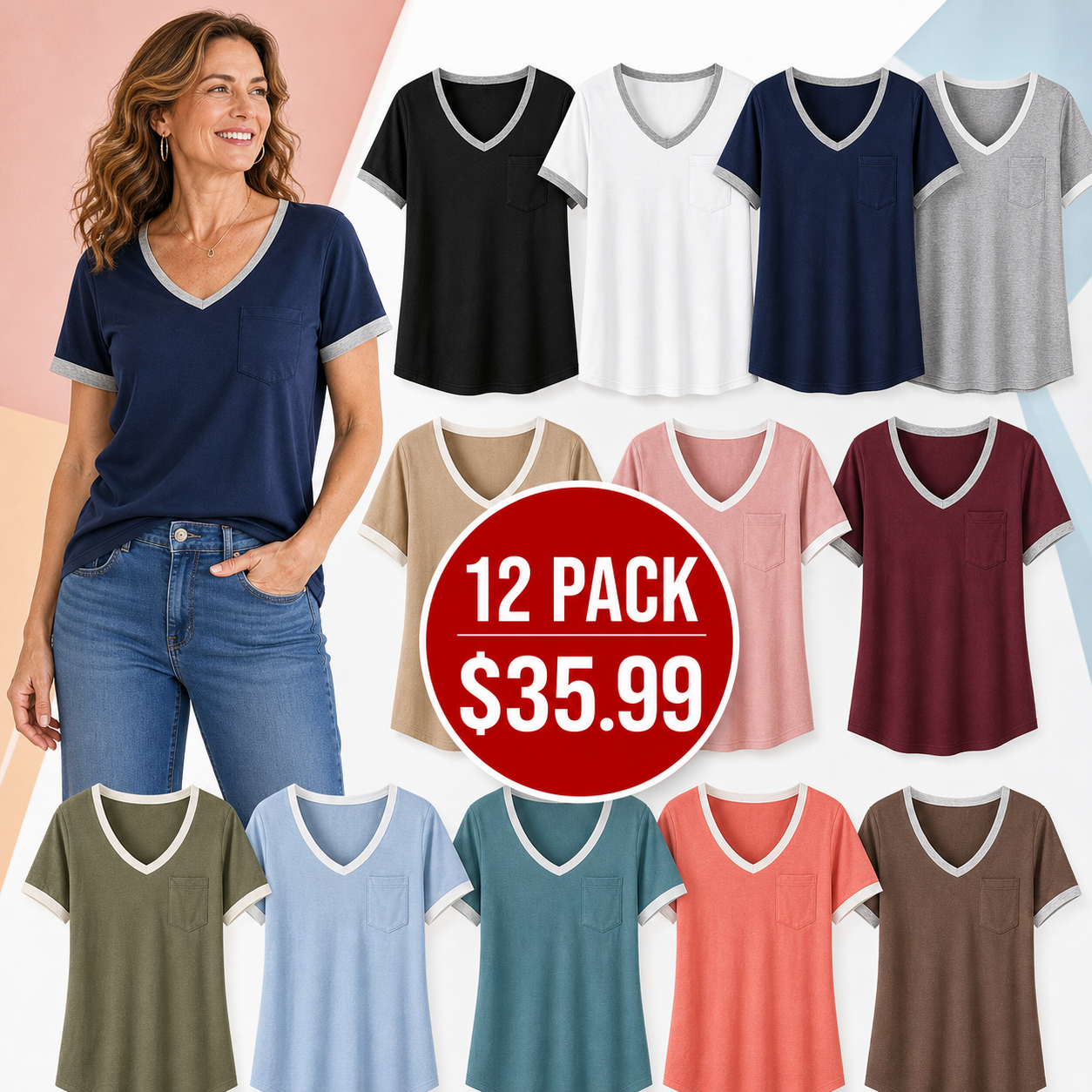 12-Pack - All 12 Colors - Women's V-Neck Pocket Contrast Trim T-Shirts