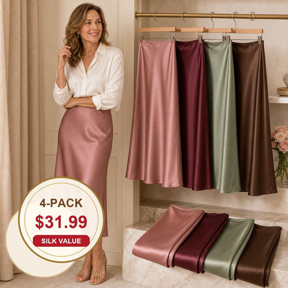 Women's Washable Silk Satin Midi Skirts