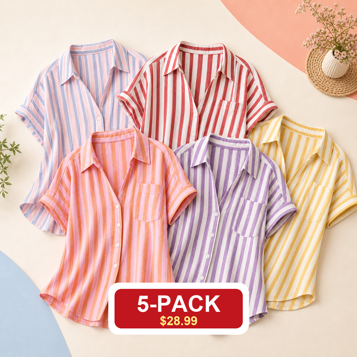 Women's Short Sleeve Striped Button Down Blouses