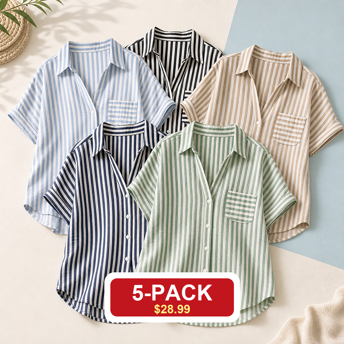 Women's Short Sleeve Striped Button Down Blouses