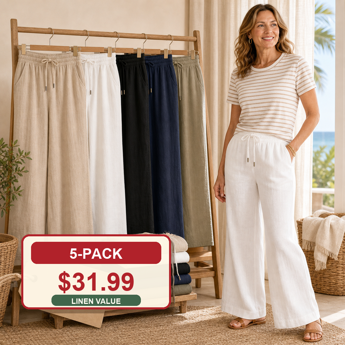 Women's Linen Drawstring Wide-Leg Pants