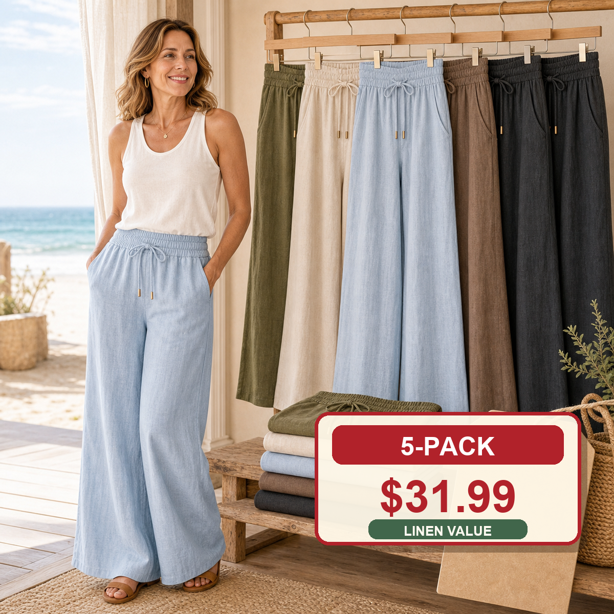 Women's Linen Drawstring Wide-Leg Pants