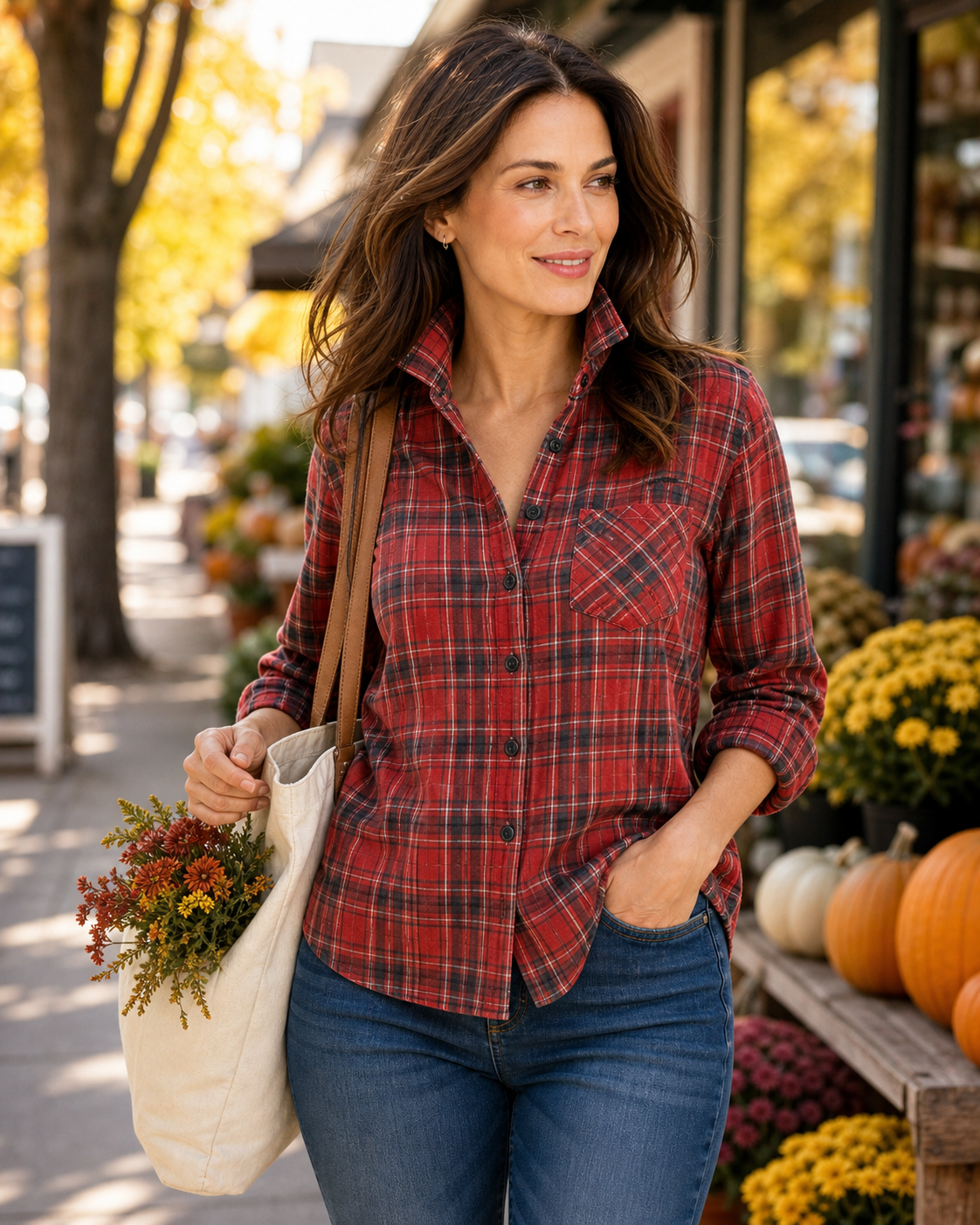 Women's plaid flannel shirt scene wearing image