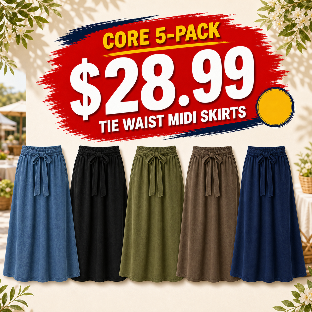 Women's Pull-On Tie Waist Midi A-Line Skirts