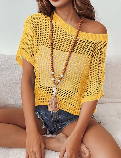 Short Sleeve Crochet Sweater Lightweight Summer Tops Loose Hollow Out Crewneck Pullover