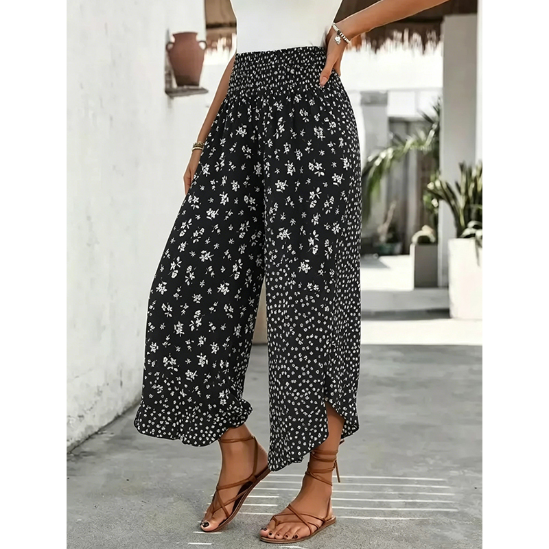 Women's Ditsy Floral Print Wide Leg Pants, Boho Casual Comfy Trousers for Summer, Women's Clothes for Daily Wear