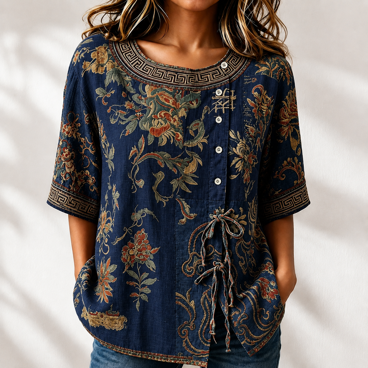 Women'S Vintage Floral Patchwork Relaxed Blouse