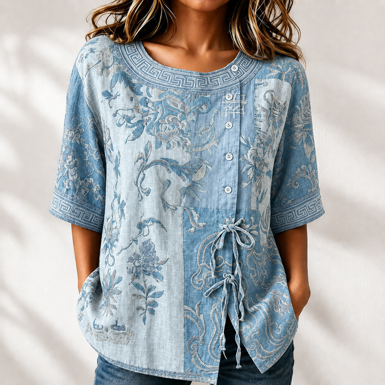 Women'S Vintage Floral Patchwork Relaxed Blouse