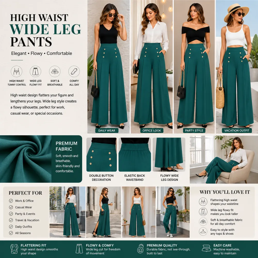 ⚡FINAL SALE⚡- 8 PACK Women’s High Waist Wide-Leg Pants – Double Button Elegant Palazzo Trousers