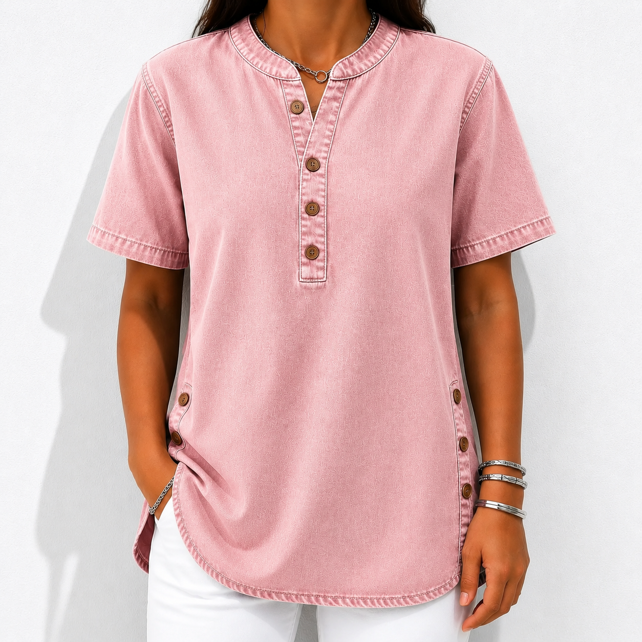 NEW🔥Women's V-neck short-sleeved Casual Button-up Loose Denim Top