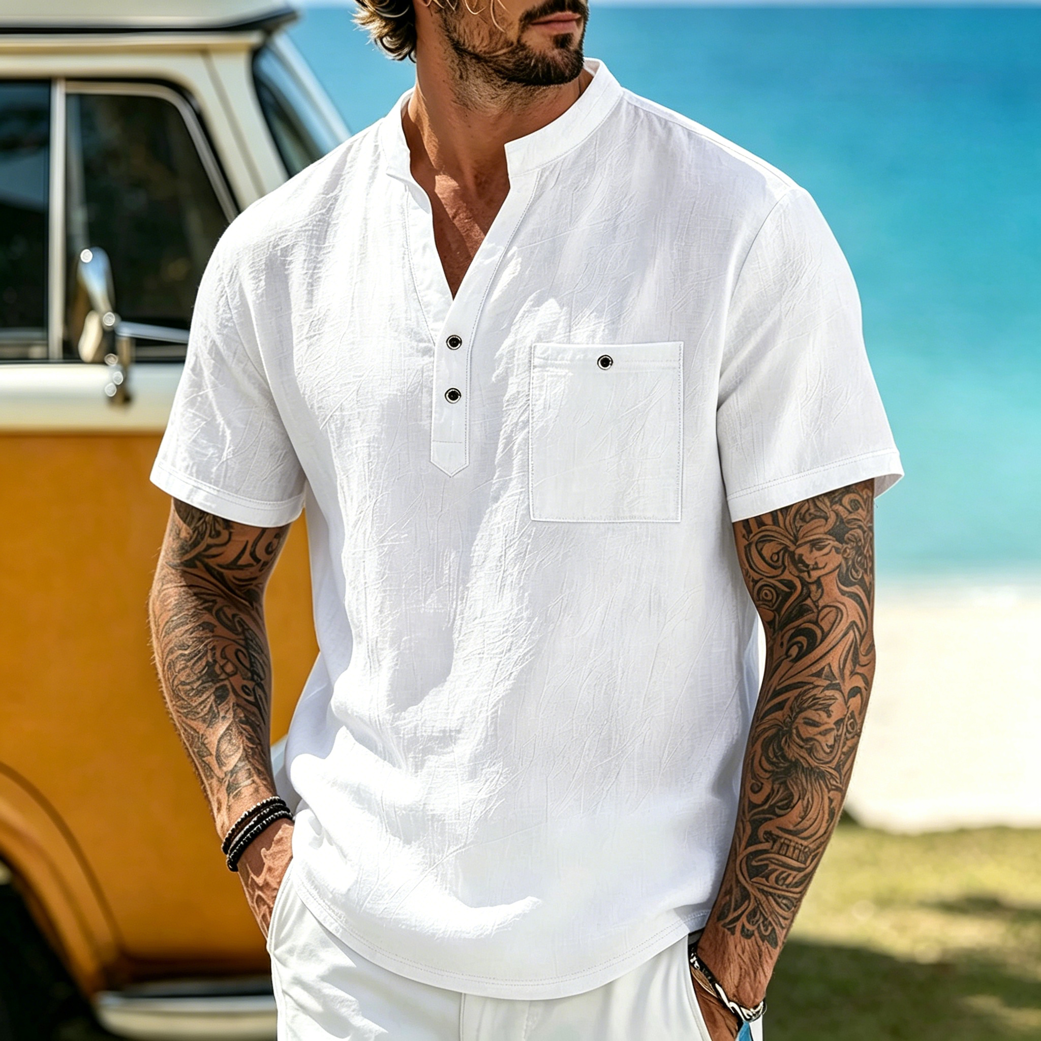 Men's Vacation Linen V-Neck Short Sleeve Shirt