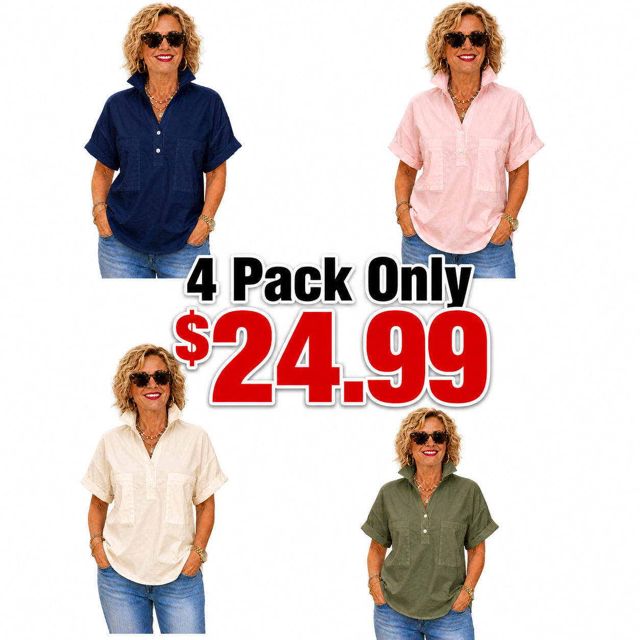Women’s White Stand Collar Button-Back Relaxed Blouse