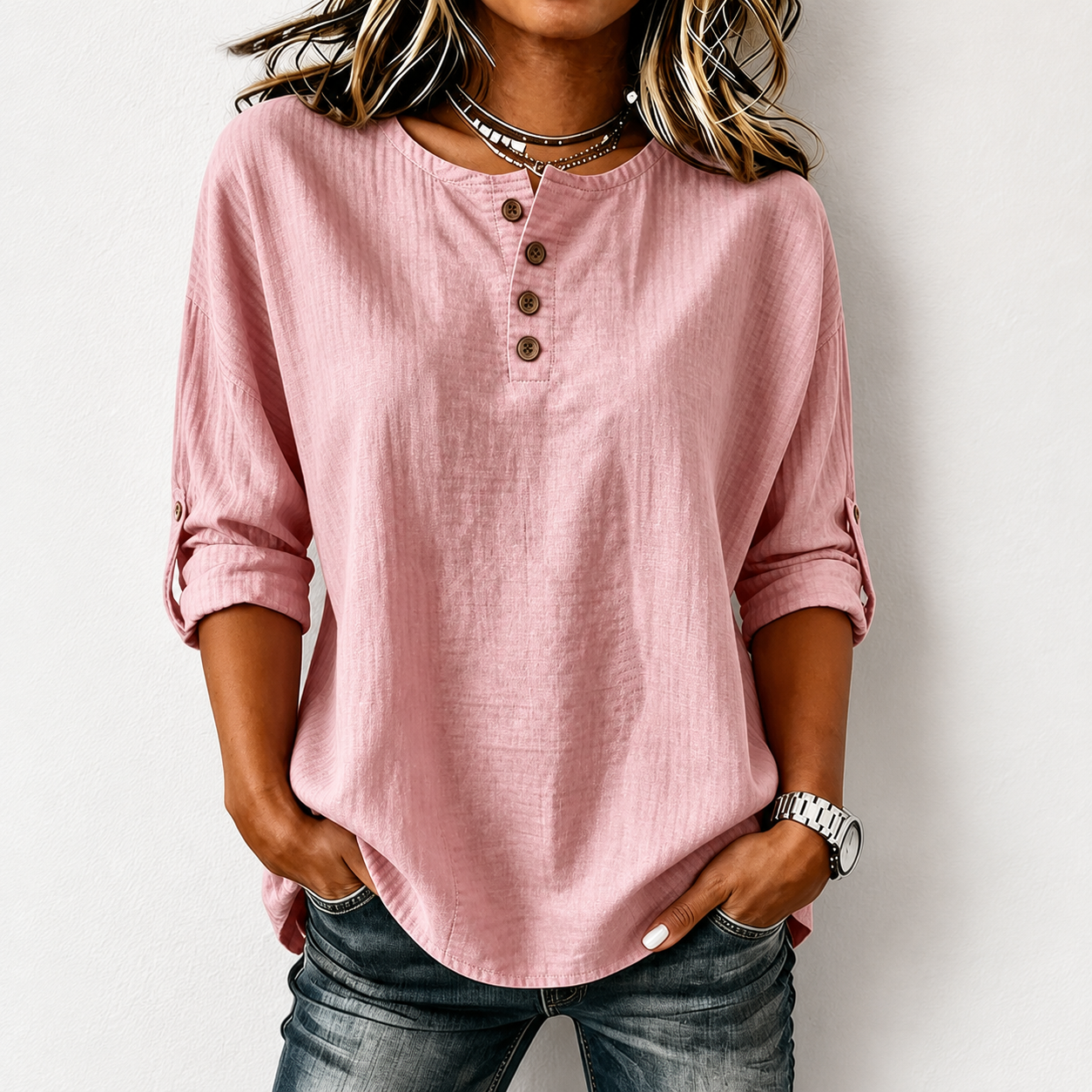 Women'S Casual Cotton And Linen 9-Quarter Sleeved Button Up Top