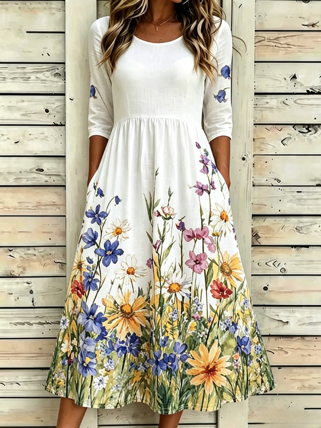 Women Floral Half Sleeve Crew Neck Dress Daily Vintage Maxi A-Line Summer Dress
