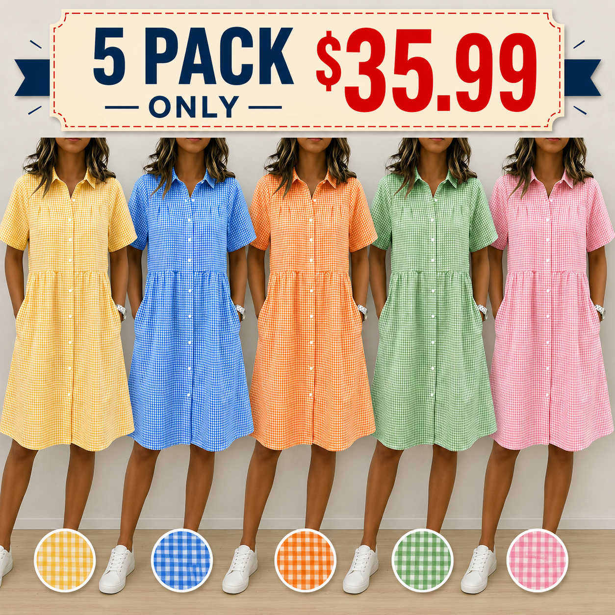 Today 49% off🔥Women’s Cotton Linen Gingham Button-Up Shirt Dress
