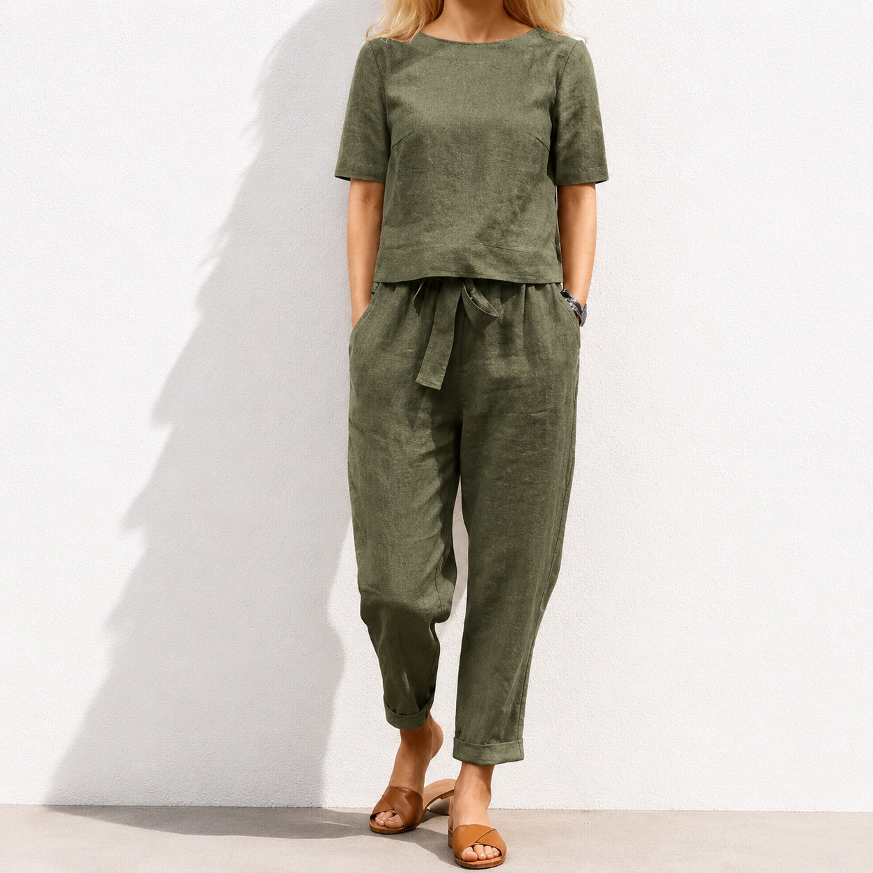 women's cotton and linen set half sleeve + wide leg pants