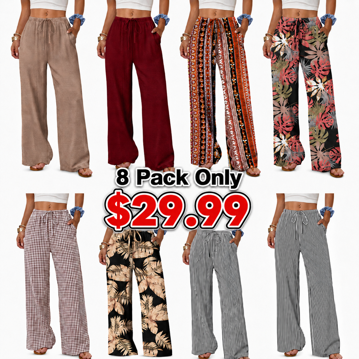 Wide Leg Pants for Women Flowy Palazzo Drawstring Elastic Waist Trousers with Pockets Summer Beach Vacation Clothes