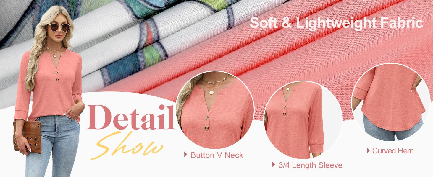 WIHOLL 3/4 Sleeve Tops Summer Outfits for Women Breathable Lightweight Blouses Air Conditioner Friendly Loose Fit Beach Vacation Girls Adjustable
