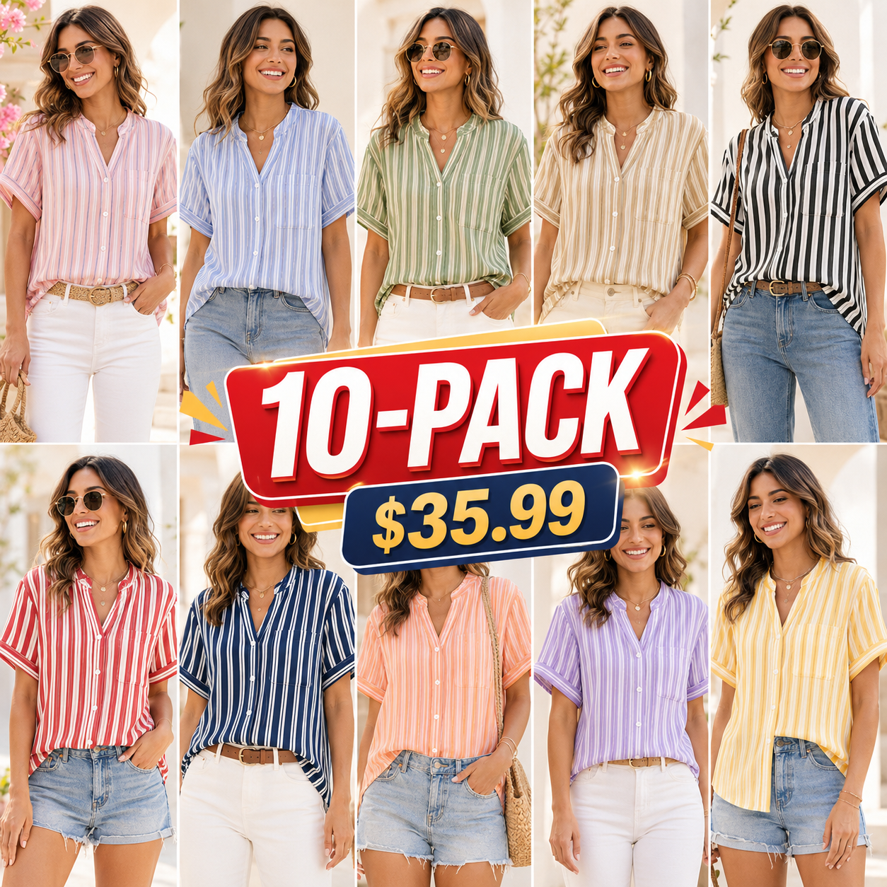 Women's Short Sleeve Striped Button Down Blouses