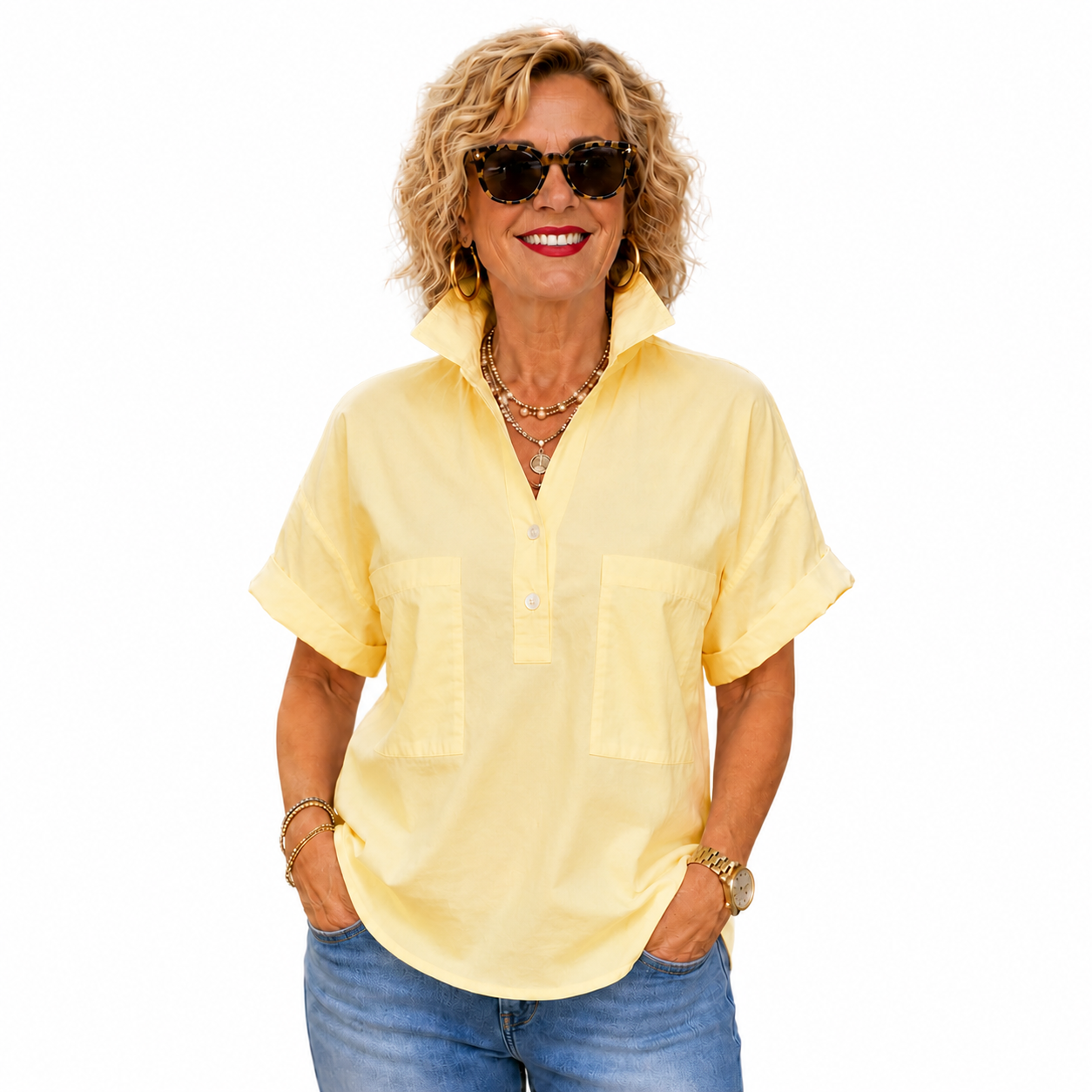 Women’s White Stand Collar Button-Back Relaxed Blouse