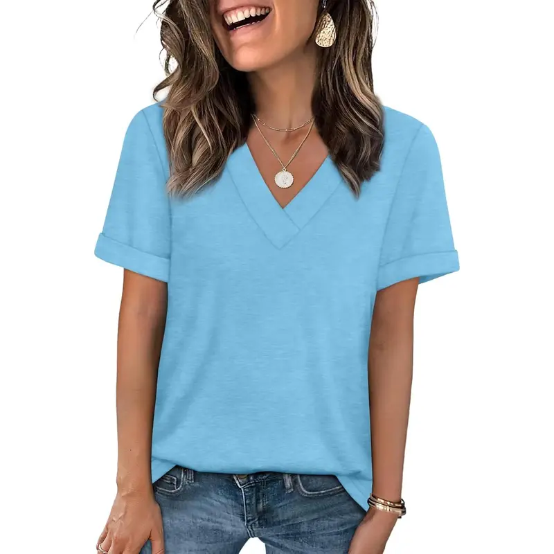 WIHOLL Womens Summer Tops Short Sleeve Basic Casual V Neck T Shirts Trendy Fashion 2025