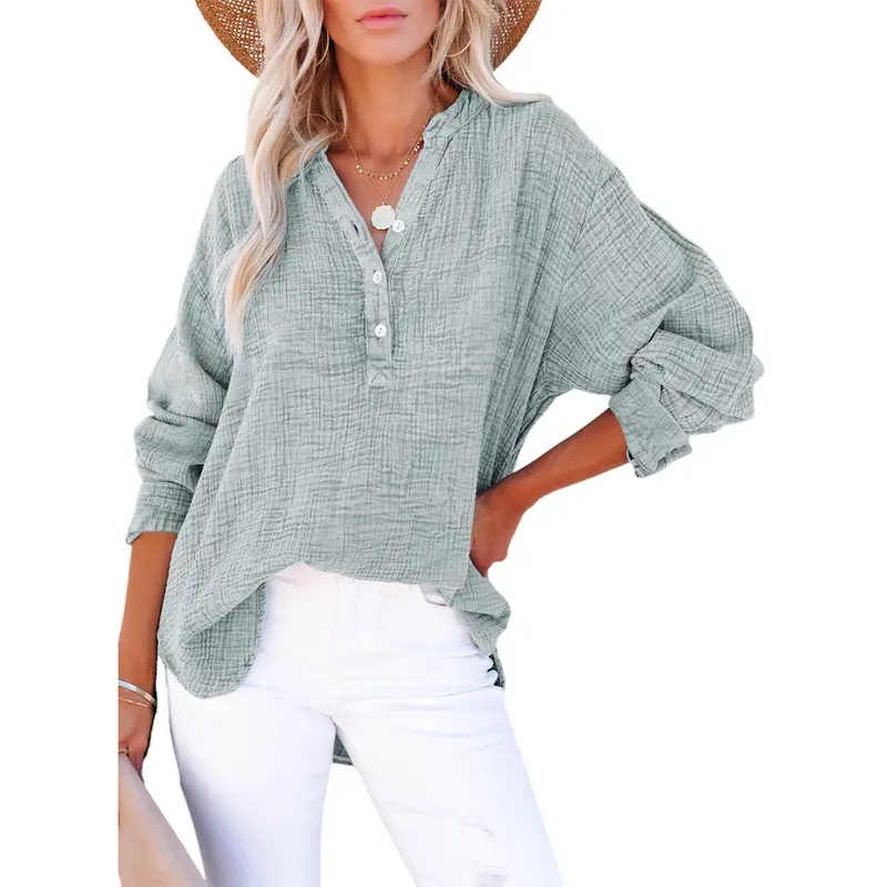Dokotoo Women's Casual Button V Neck Long Sleeve Shirts Oversized Solid Blouses Tops 100% Cotton Boyfriend Style Loose Fit