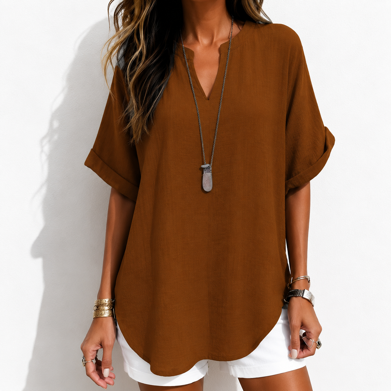 🔥Women's Plain Short Sleeve Blouse, Casual Solid Color Top for Daily Wear, Ladies Clothes for All Seasons
