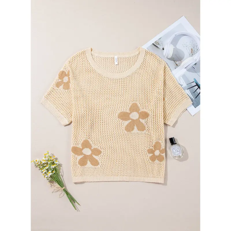Womens Floral Fashion Summer Tops 2026 Short Sleeve Crochet Sweaters Swimsuit Cover Ups Lightweight Knit Pullover