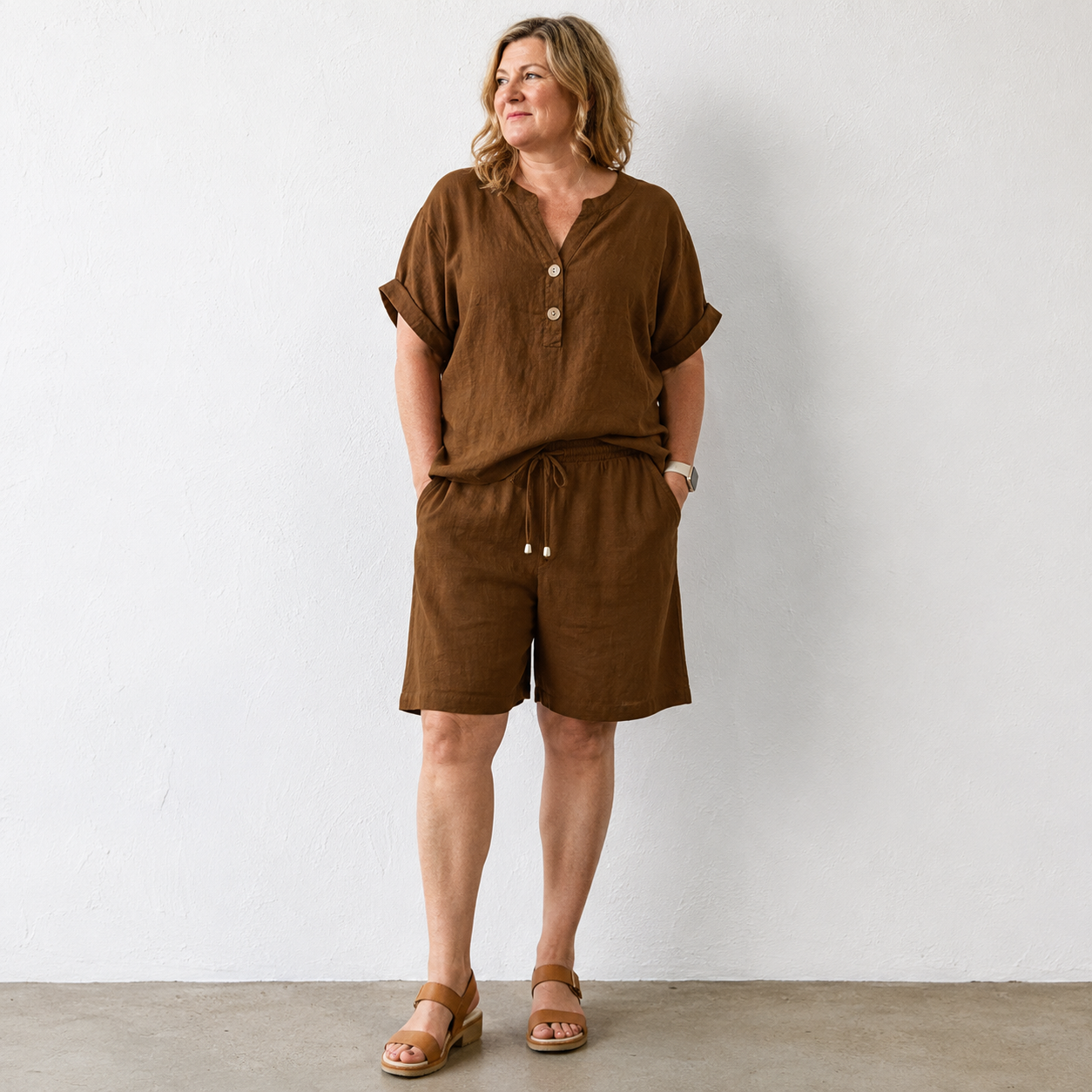 Summer Co Ord Sets for Women Cotton Linen Set 2 Piece Outfits Short Sleeve Button Down Henley Top and Wide Leg Shorts Set Oversized Tracksuits Elegant Travel Loungewear