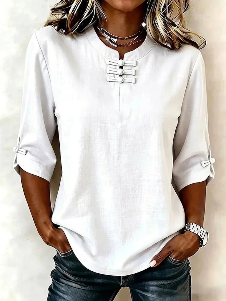 Women Floral Mandarin Collar Half Sleeve Blouse Printing Vintage Daily Summer Top