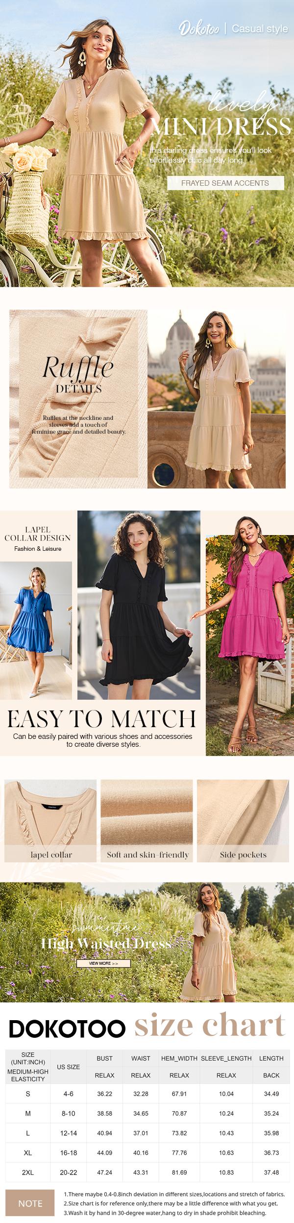 Dokotoo Womens Dresses 2026 Summer Spring V Neck Ruffle Short Sleeve Casual A-Line Flowy Swing Shift Dress Mini Dress