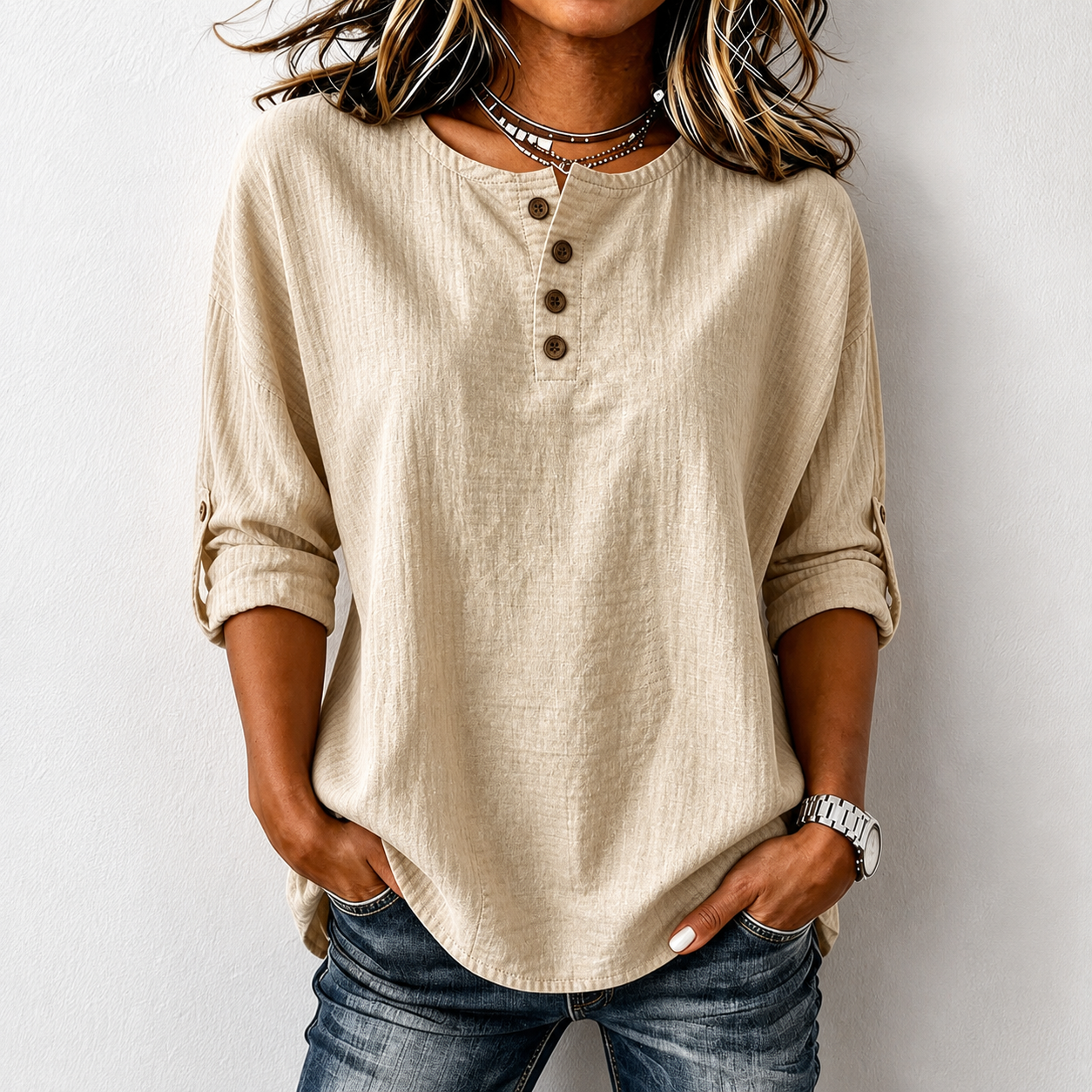 Women'S Casual Cotton And Linen 9-Quarter Sleeved Button Up Top