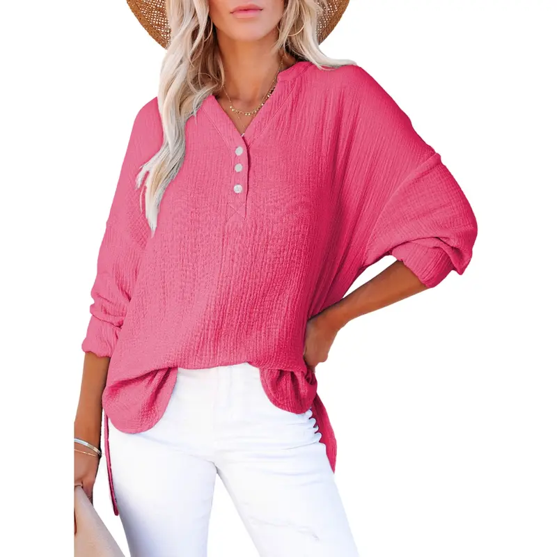 Dokotoo Women's Casual Button V Neck Long Sleeve Shirts Oversized Solid Blouses Tops 100% Cotton Boyfriend Style Loose Fit