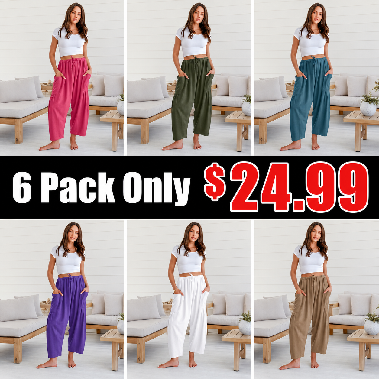 Women's Linen Wide Leg Pants Casual Loose Drawstring Low Waist with Pockets