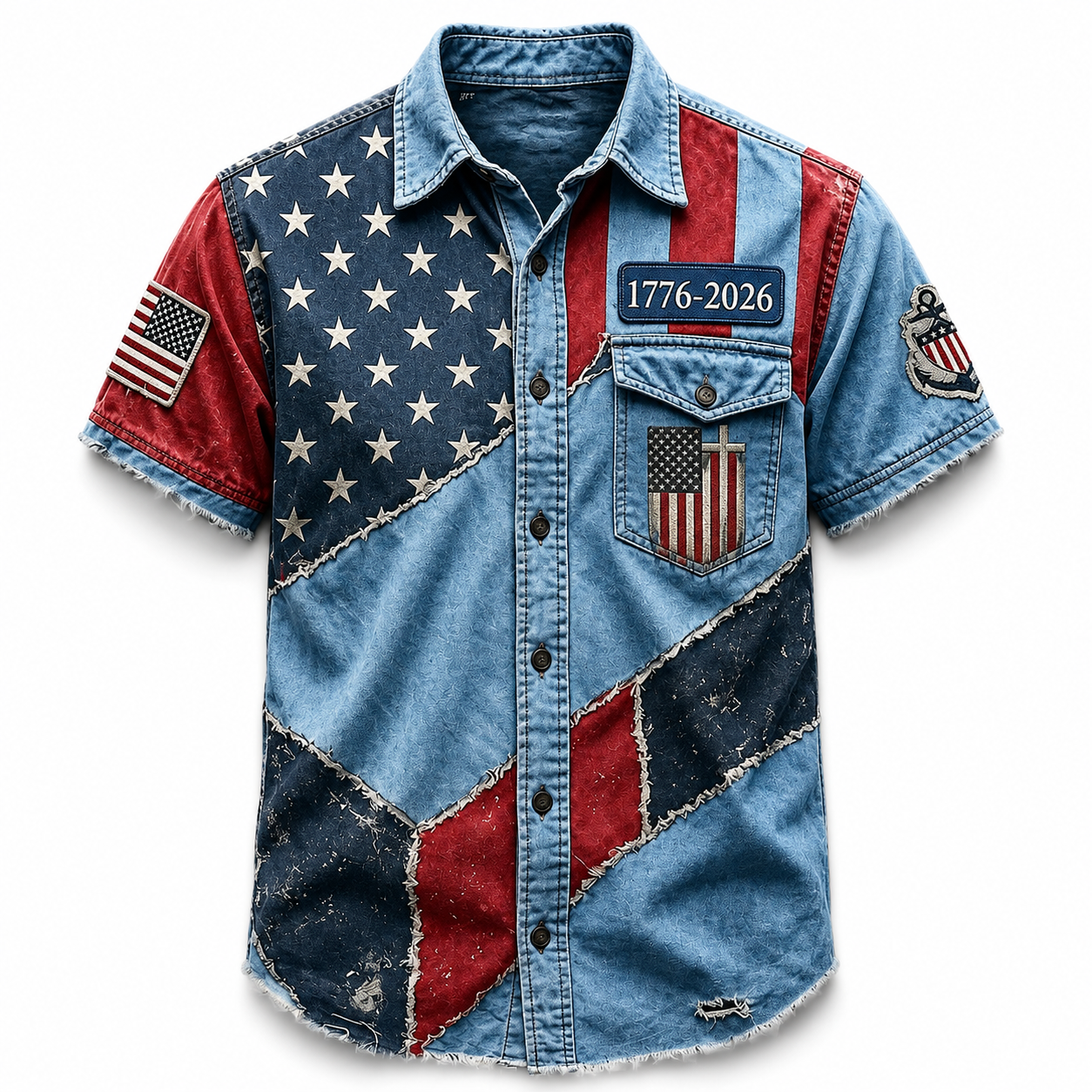 Men's USA 1776-2026 250th Anniversary Vintage Flag Patchwork Short-Sleeve Button-Down Shirt - Distressed Denim Style