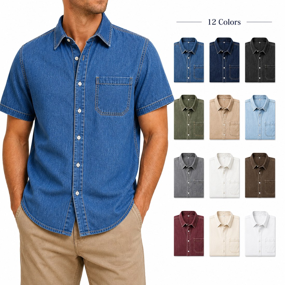 Men&rsquo;s short-sleeve washed denim button-up shirt available in multiple colors