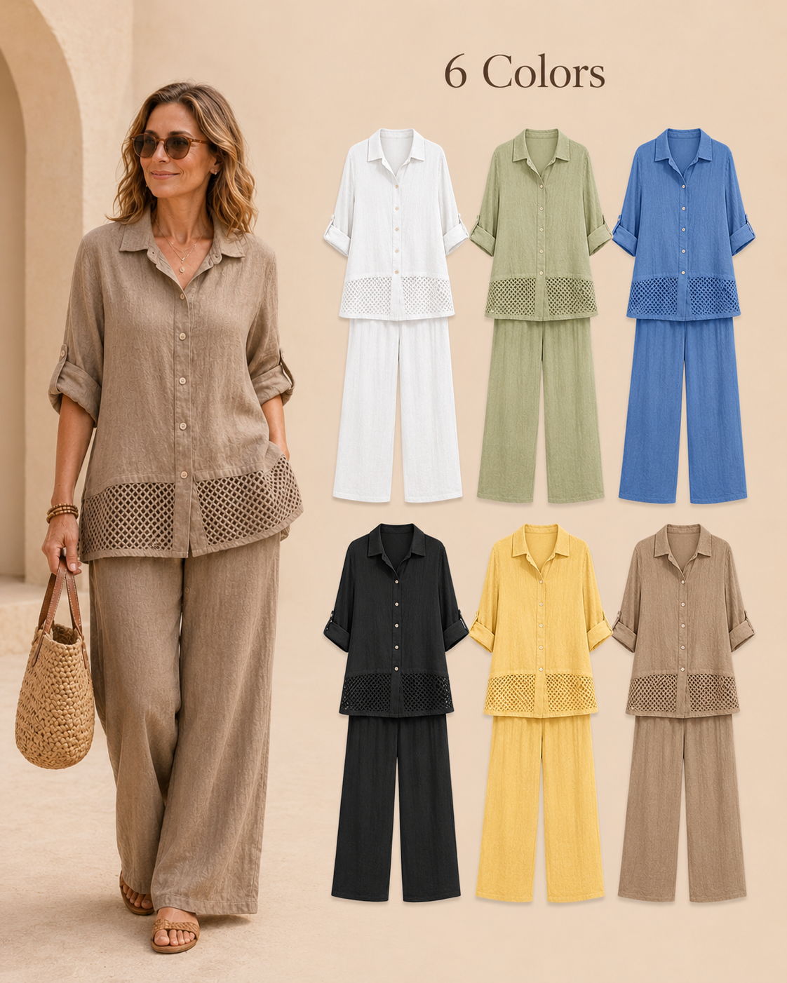 Six color options: white, sage green, blue, black, yellow, taupe